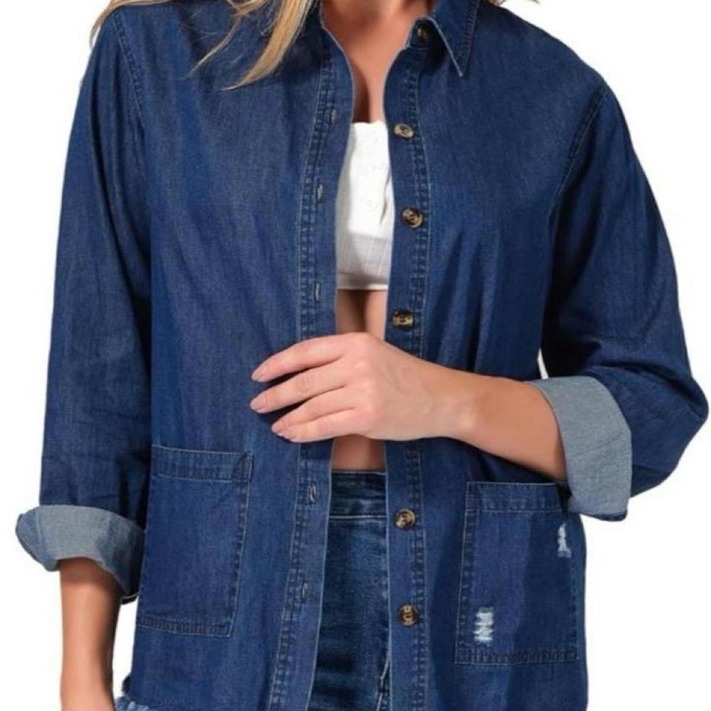 Roswear Distressed Jean Shirt for Women Button Down Shirt Denim Top Western